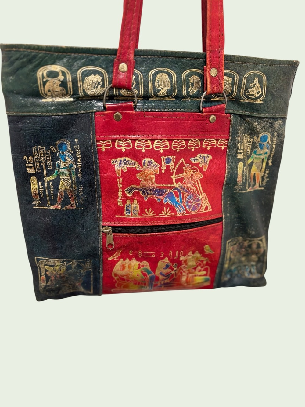 Handmade Leather Tote Bag with Red & Black Egyptian Motif